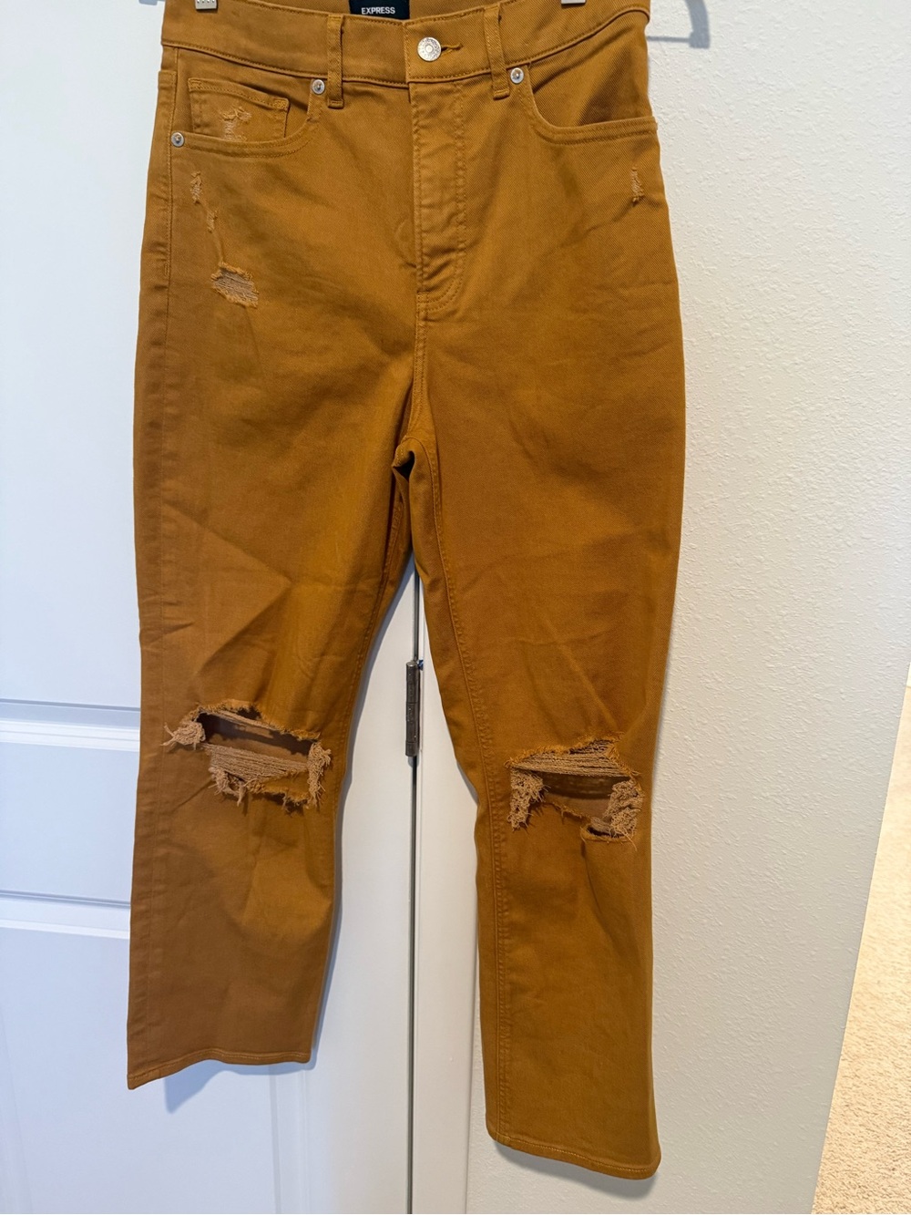 Express Distressed High-Rise Jeans in Mustard Brown